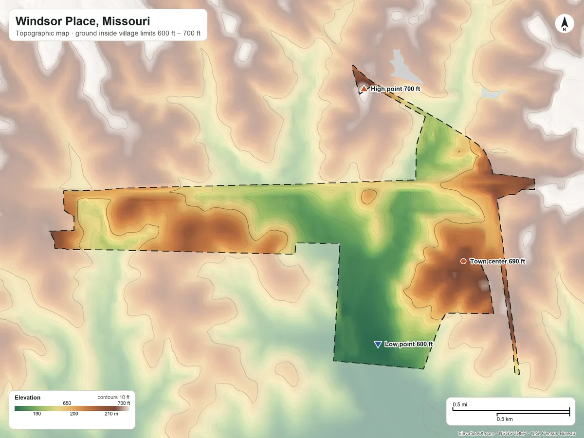Topographic elevation map of Windsor Place, Missouri, shaded from 600 ft on the southwest side to 700 ft on the northwest side