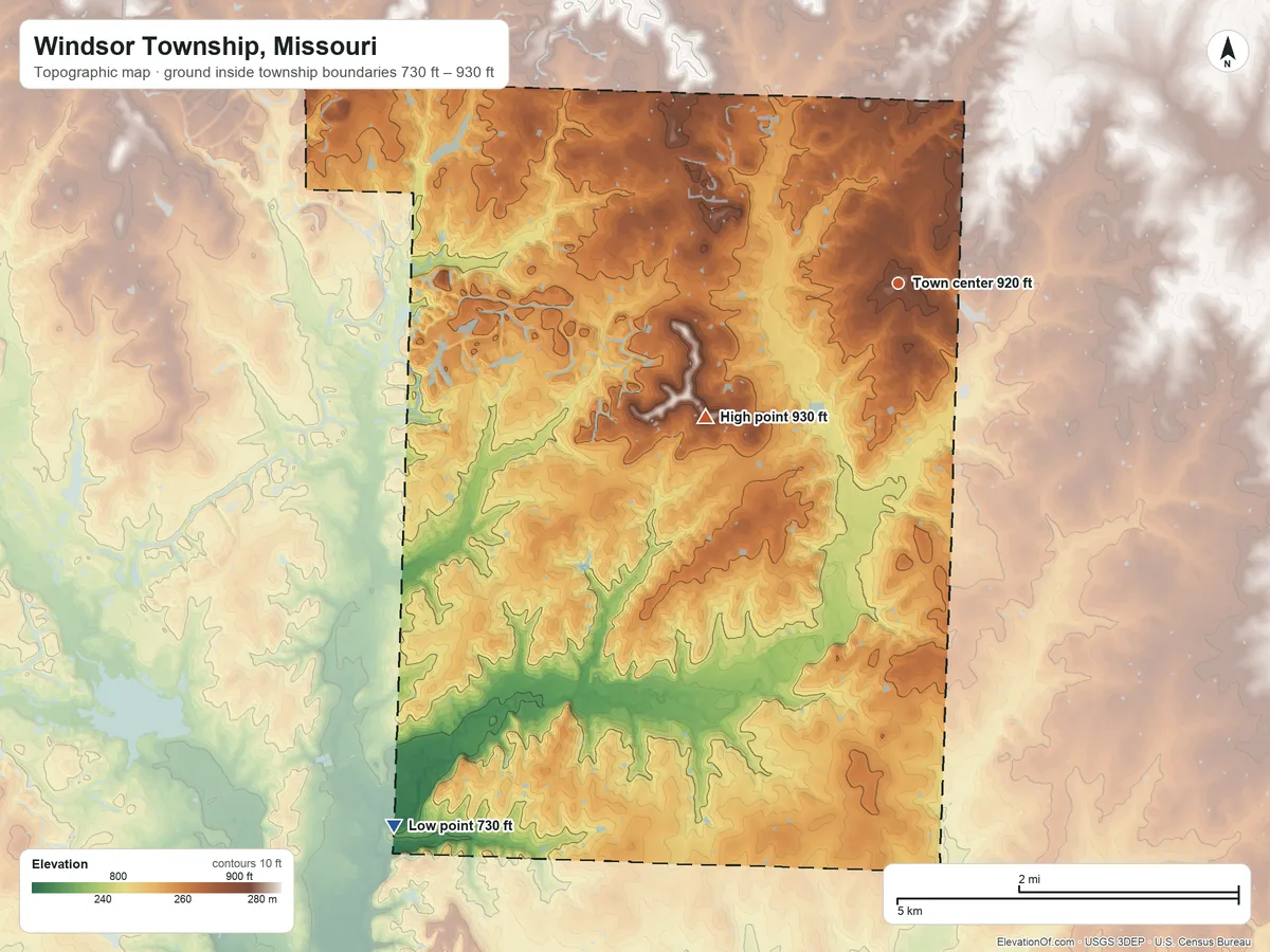 Topographic elevation map of Windsor Township, Missouri, shaded from 730 ft on the southwest side to 930 ft on the southwest side
