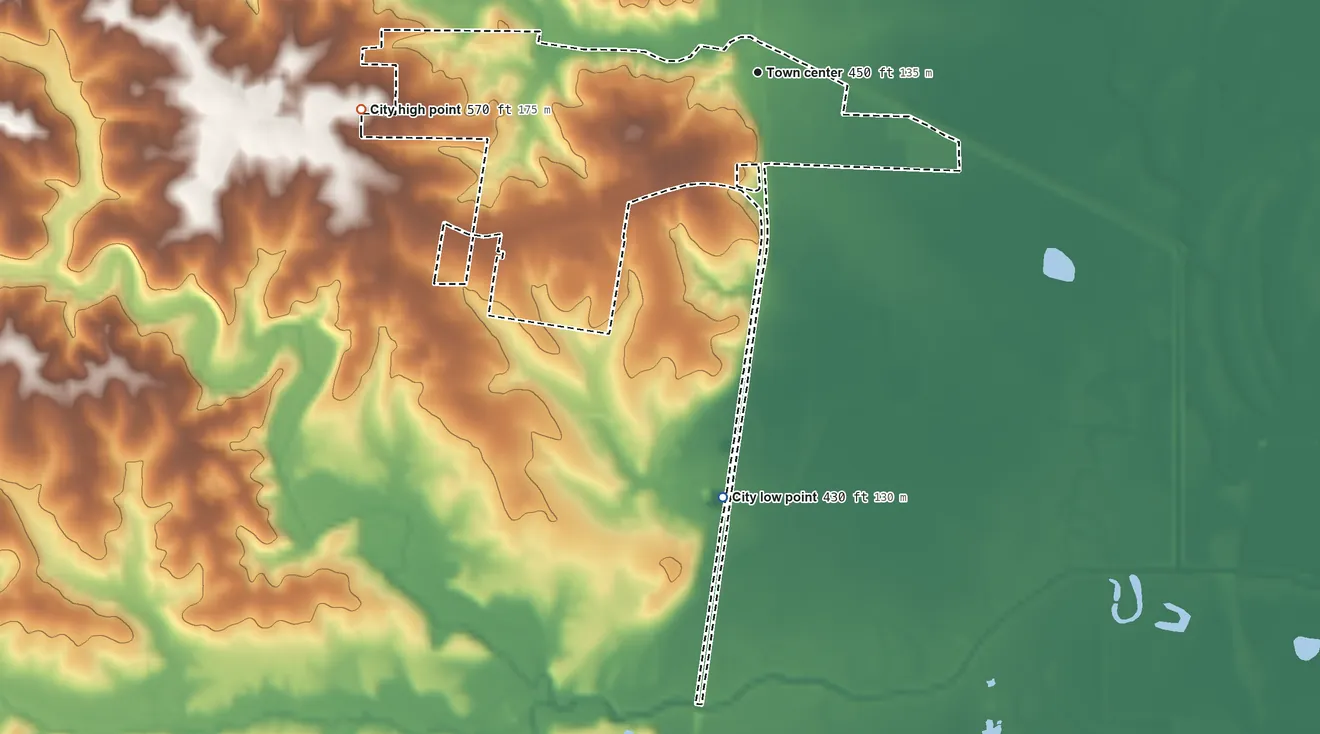 Topographic elevation map of Winfield, Missouri, shaded from 430 ft on the south side to 570 ft on the west side