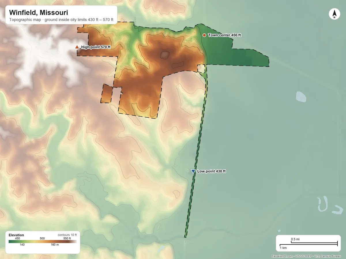 Topographic elevation map of Winfield, Missouri, shaded from 430 ft on the south side to 570 ft on the west side