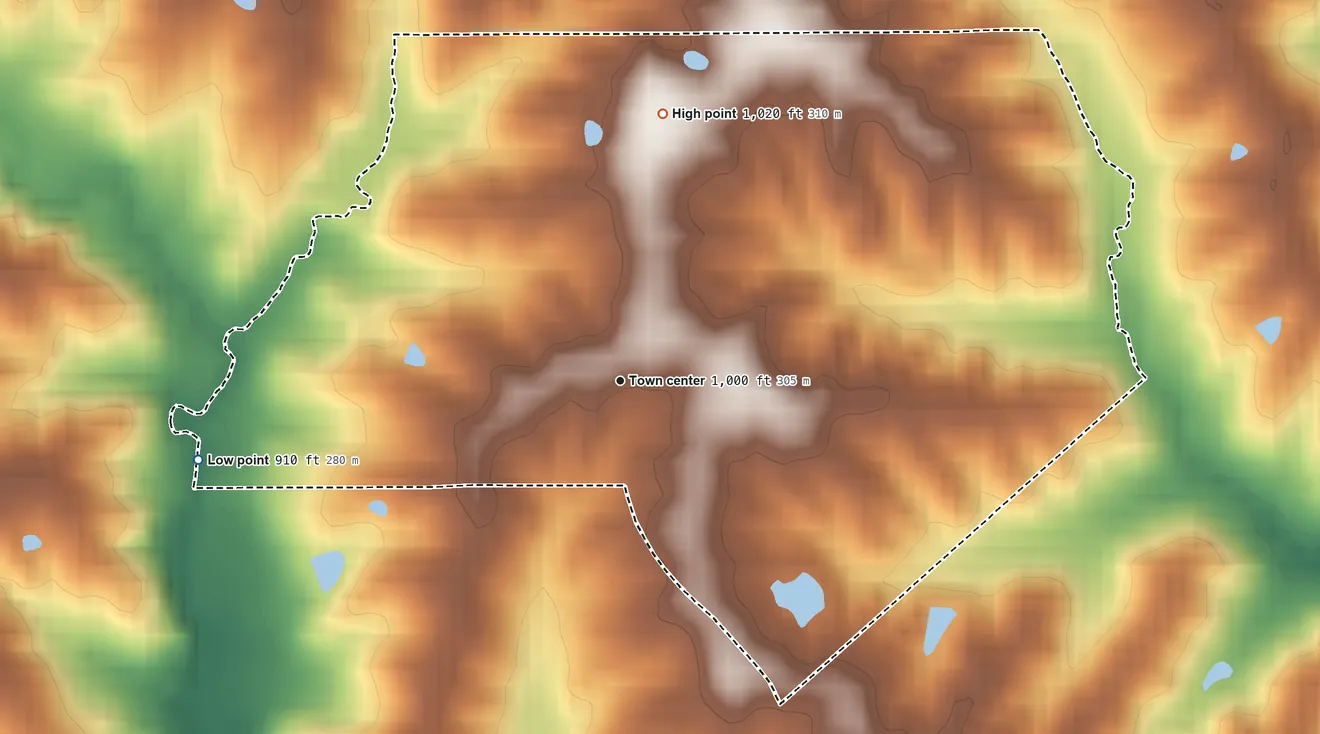 Topographic elevation map of Winigan, Missouri, shaded from 910 ft on the west side to 1,020 ft on the north side