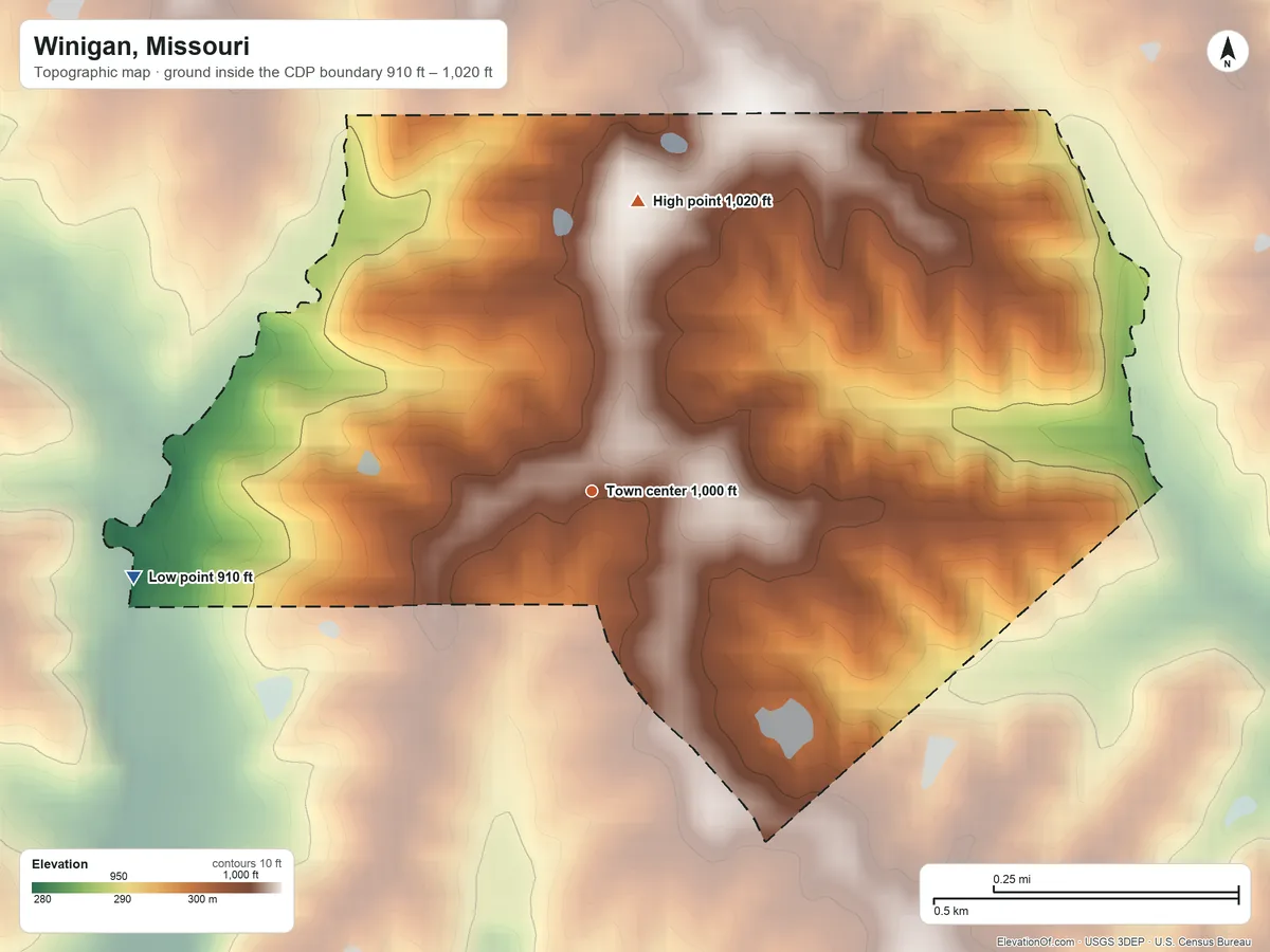 Topographic elevation map of Winigan, Missouri, shaded from 910 ft on the west side to 1,020 ft on the north side