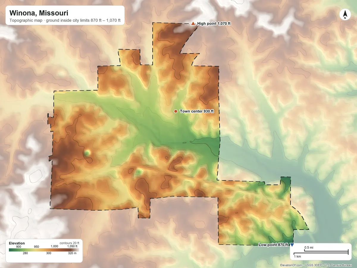 Topographic elevation map of Winona, Missouri, shaded from 870 ft on the southeast side to 1,070 ft on the north side