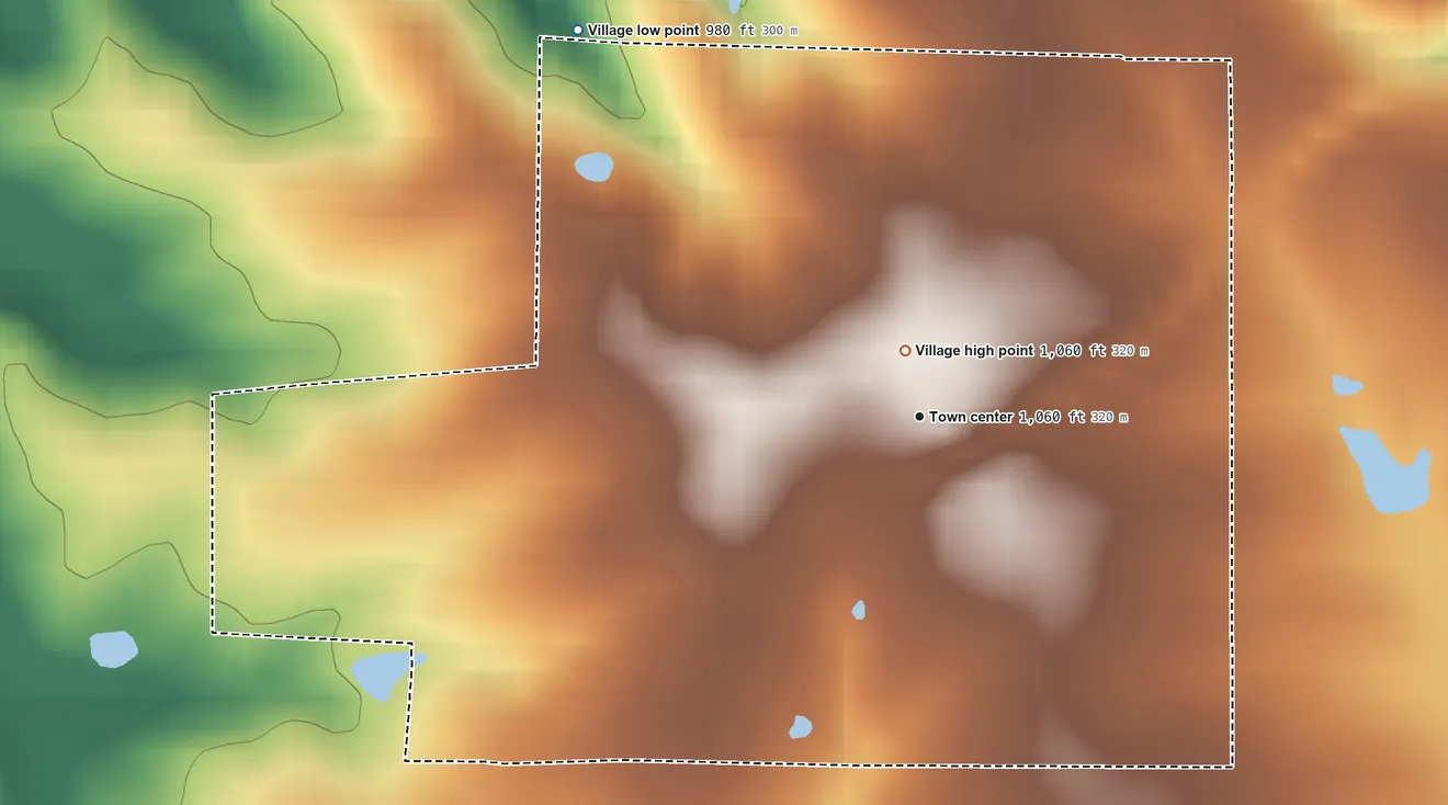 Topographic elevation map of Winston, Missouri, shaded from 980 ft on the northwest side to 1,060 ft near the middle