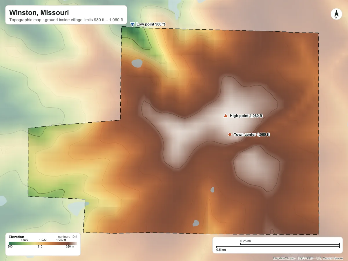 Topographic elevation map of Winston, Missouri, shaded from 980 ft on the northwest side to 1,060 ft near the middle