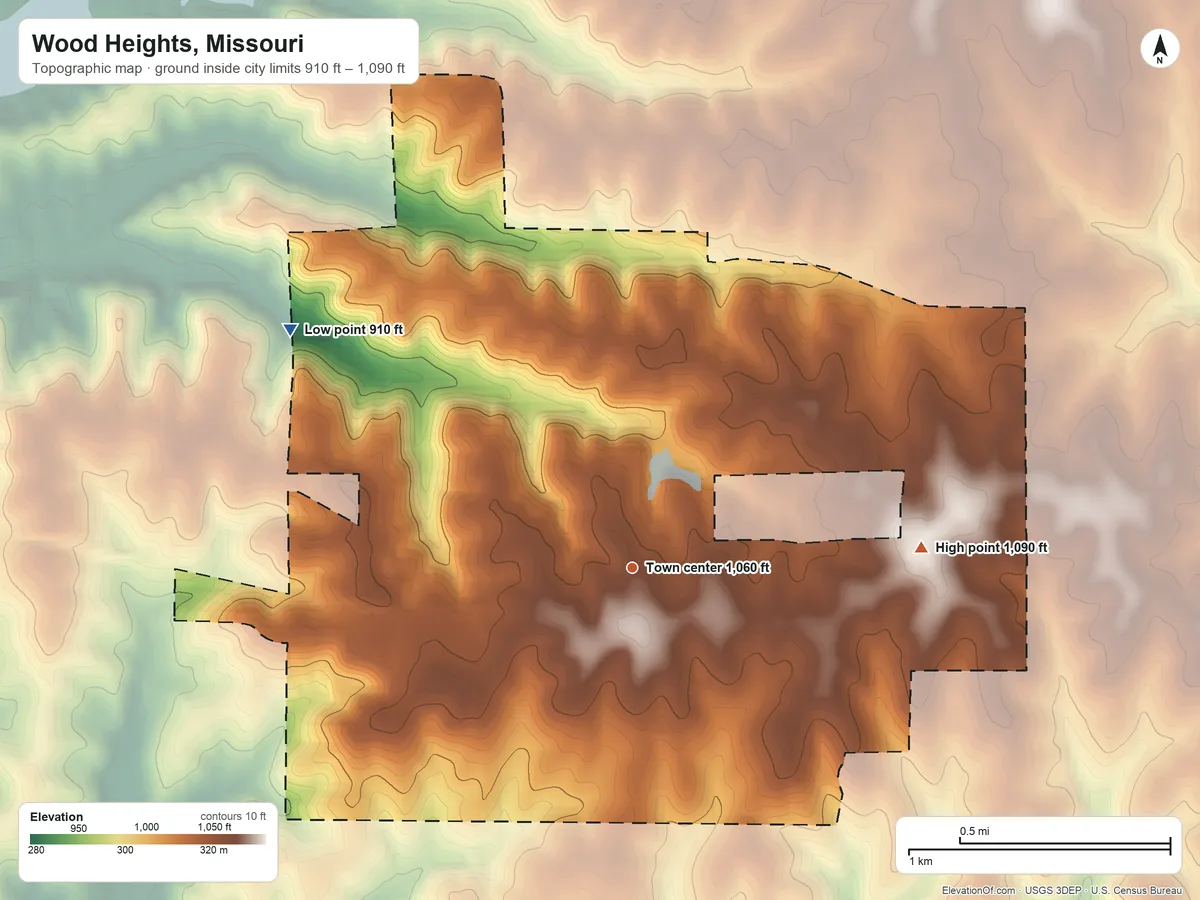 Topographic elevation map of Wood Heights, Missouri, shaded from 910 ft on the northwest side to 1,090 ft on the east side