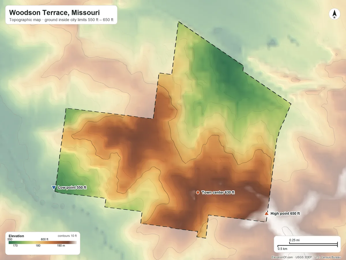 Topographic elevation map of Woodson Terrace, Missouri, shaded from 550 ft on the west side to 650 ft on the east side