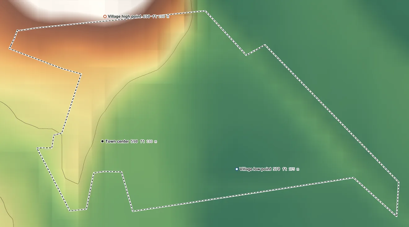 Topographic elevation map of Wooldridge, Missouri, shaded from 570 ft on the east side to 650 ft on the north side