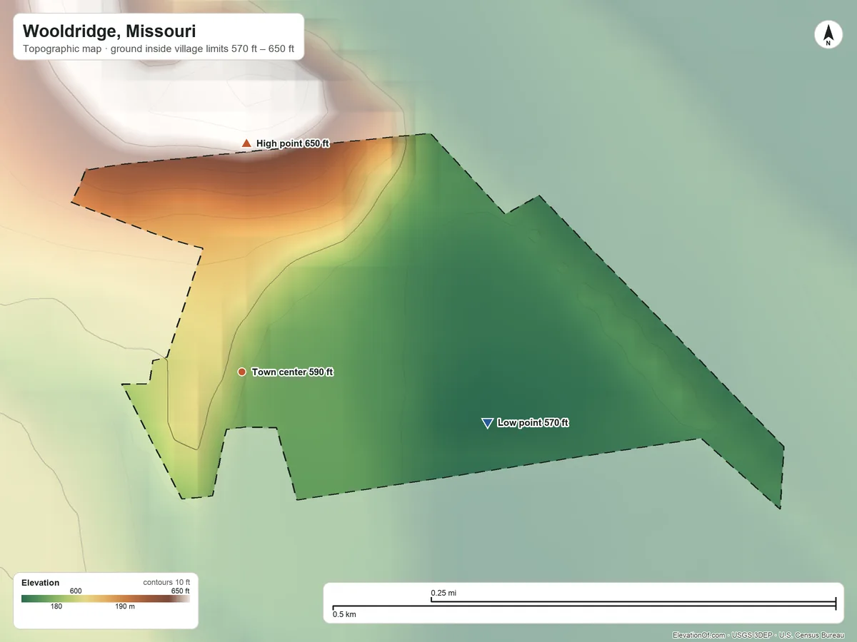Topographic elevation map of Wooldridge, Missouri, shaded from 570 ft on the east side to 650 ft on the north side