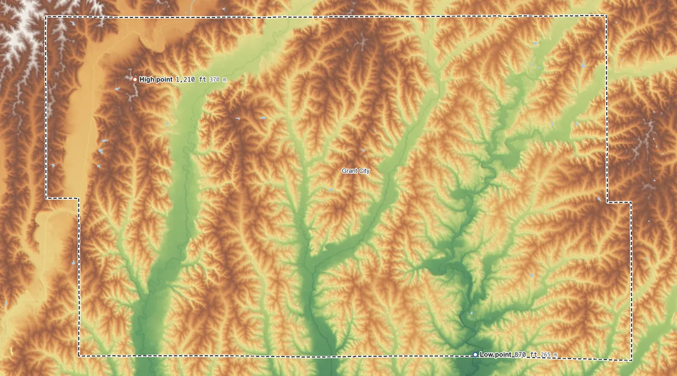 Topographic elevation map of Worth County, Missouri, shaded from 870 ft on the southeast side to 1,210 ft on Devils Horn
