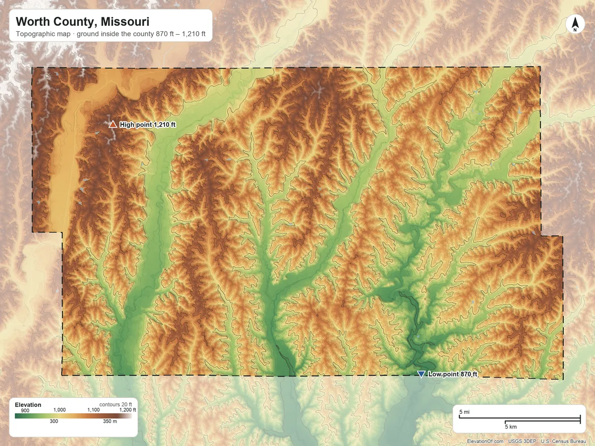 Topographic elevation map of Worth County, Missouri, shaded from 870 ft on the southeast side to 1,210 ft on Devils Horn