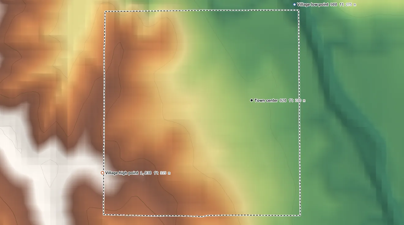 Topographic elevation map of Worth, Missouri, shaded from 900 ft on the northeast side to 1,030 ft on the southwest side
