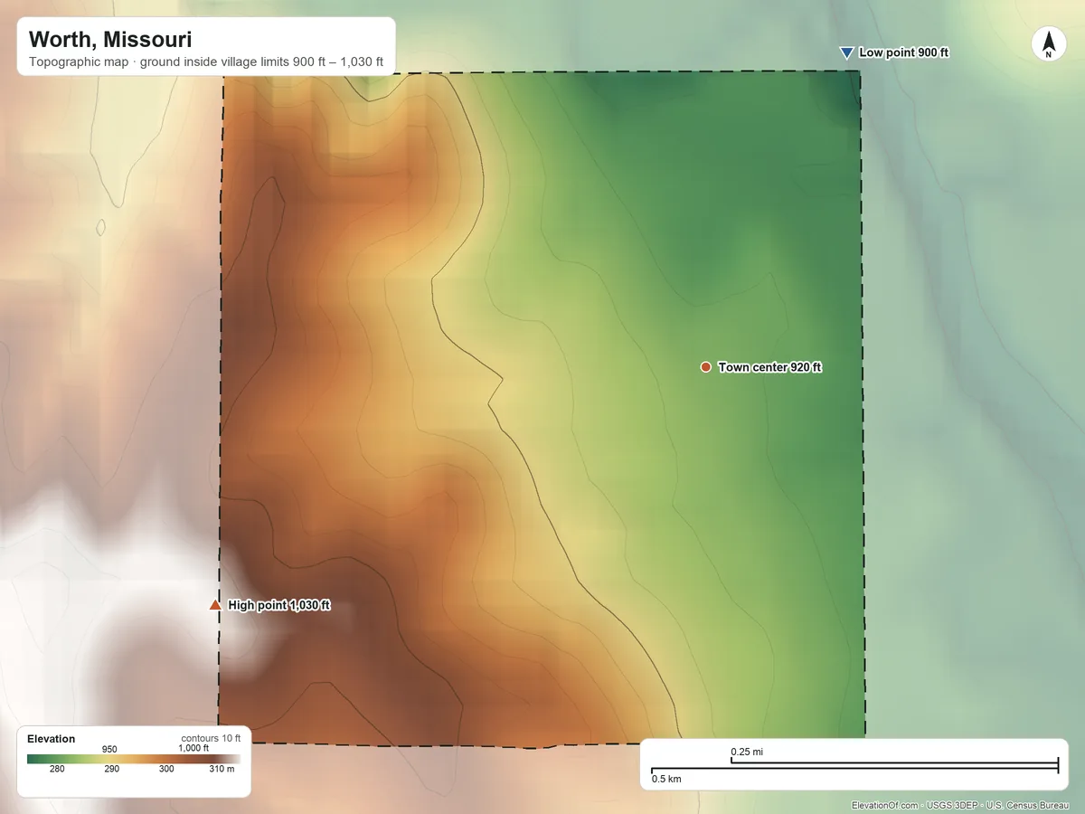 Topographic elevation map of Worth, Missouri, shaded from 900 ft on the northeast side to 1,030 ft on the southwest side