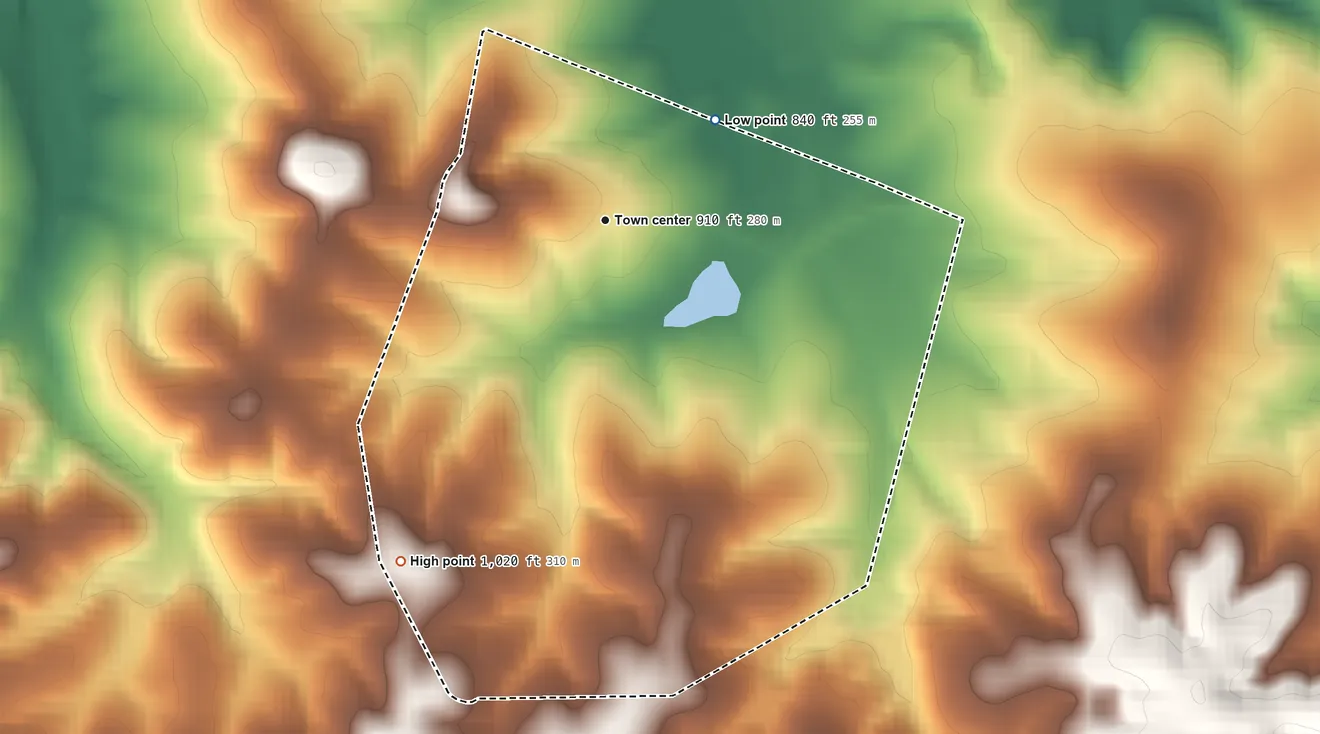 Topographic elevation map of Wortham, Missouri, shaded from 840 ft on the northeast side to 1,020 ft on the southwest side