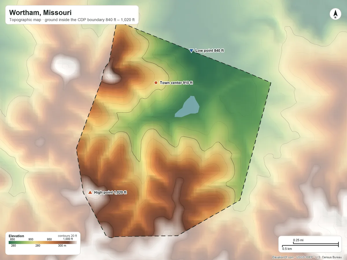 Topographic elevation map of Wortham, Missouri, shaded from 840 ft on the northeast side to 1,020 ft on the southwest side