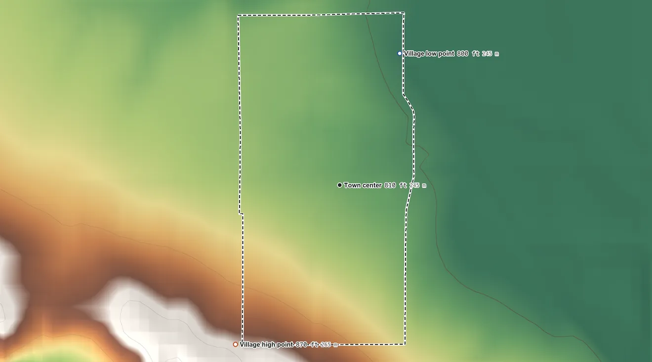 Topographic elevation map of Worthington, Missouri, shaded from 800 ft on the northeast side to 870 ft on the southwest side
