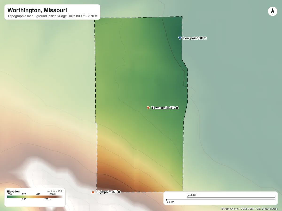 Topographic elevation map of Worthington, Missouri, shaded from 800 ft on the northeast side to 870 ft on the southwest side
