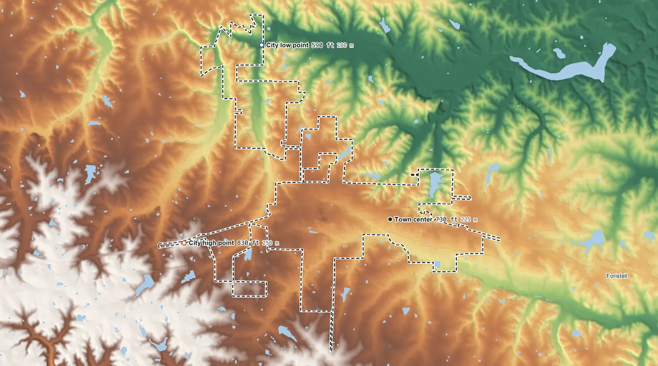 Topographic elevation map of Wright City, Missouri, shaded from 590 ft on the northwest side to 830 ft on the west side