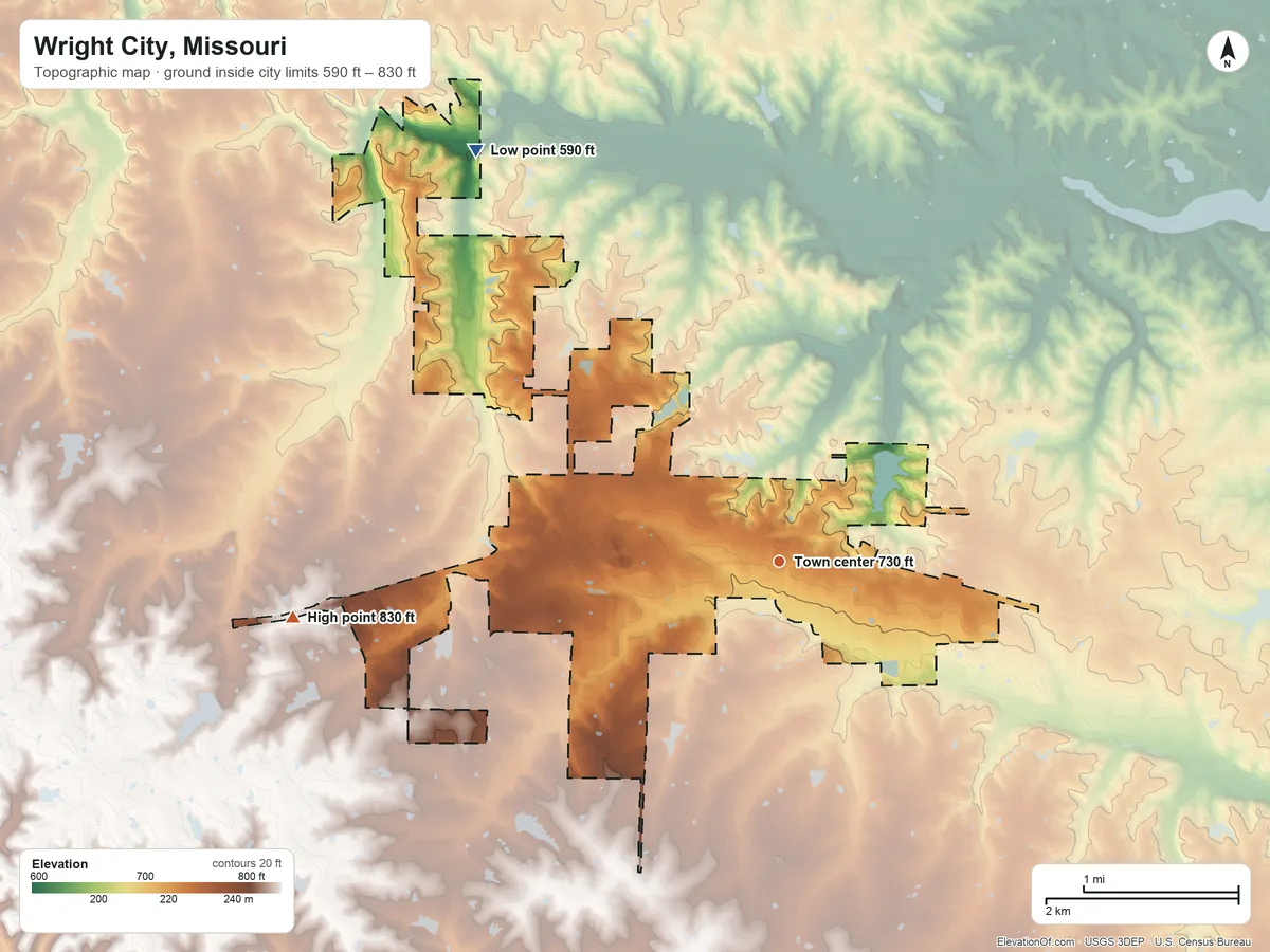 Topographic elevation map of Wright City, Missouri, shaded from 590 ft on the northwest side to 830 ft on the west side