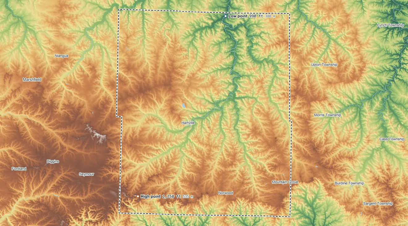 Topographic elevation map of Wright County, Missouri, shaded from 990 ft on the north side to 1,750 ft on Lead Hill