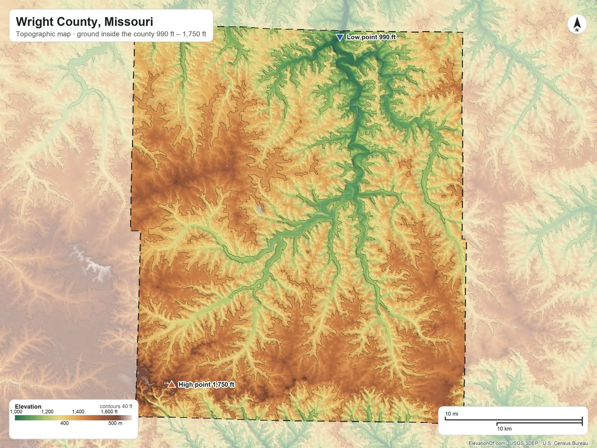 Topographic elevation map of Wright County, Missouri, shaded from 990 ft on the north side to 1,750 ft on Lead Hill