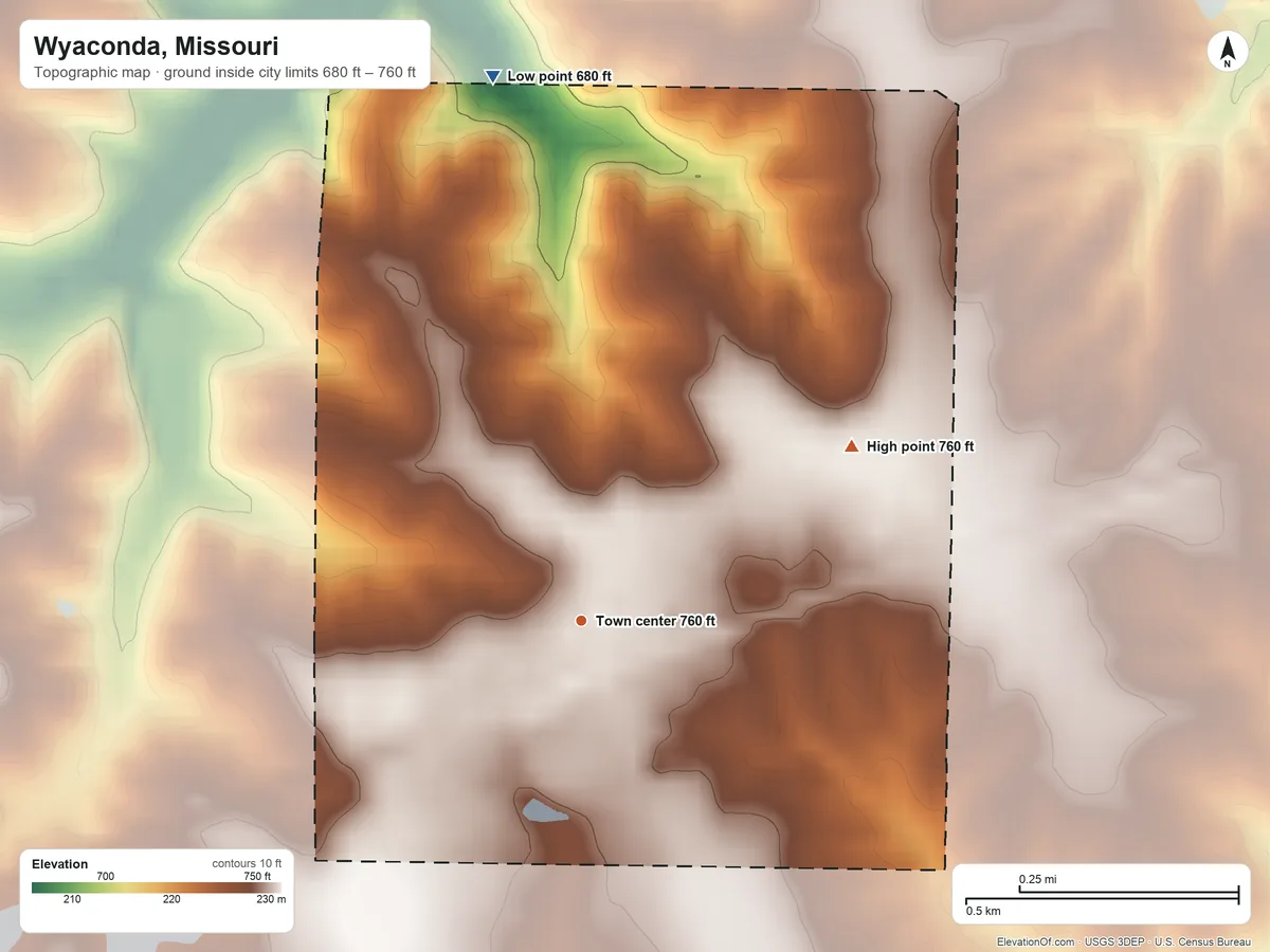 Topographic elevation map of Wyaconda, Missouri, shaded from 680 ft on the north side to 760 ft on the northeast side