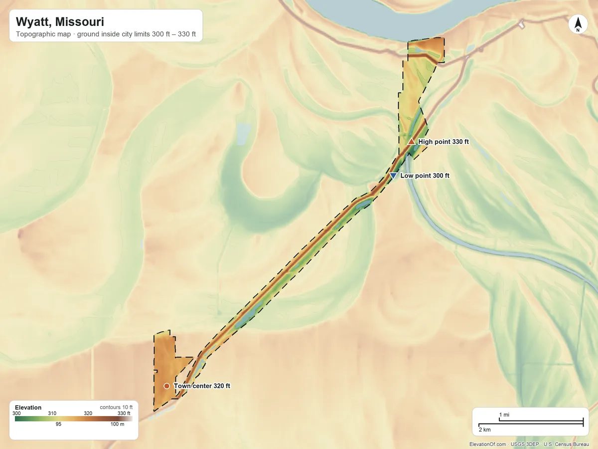 Topographic elevation map of Wyatt, Missouri, shaded from 300 ft on the northeast side to 330 ft on the northeast side