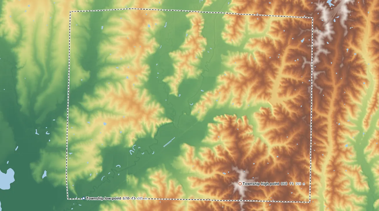 Topographic elevation map of Yellow Creek Township, Chariton County, Missouri, shaded from 670 ft on the southwest side to 860 ft on the southeast side