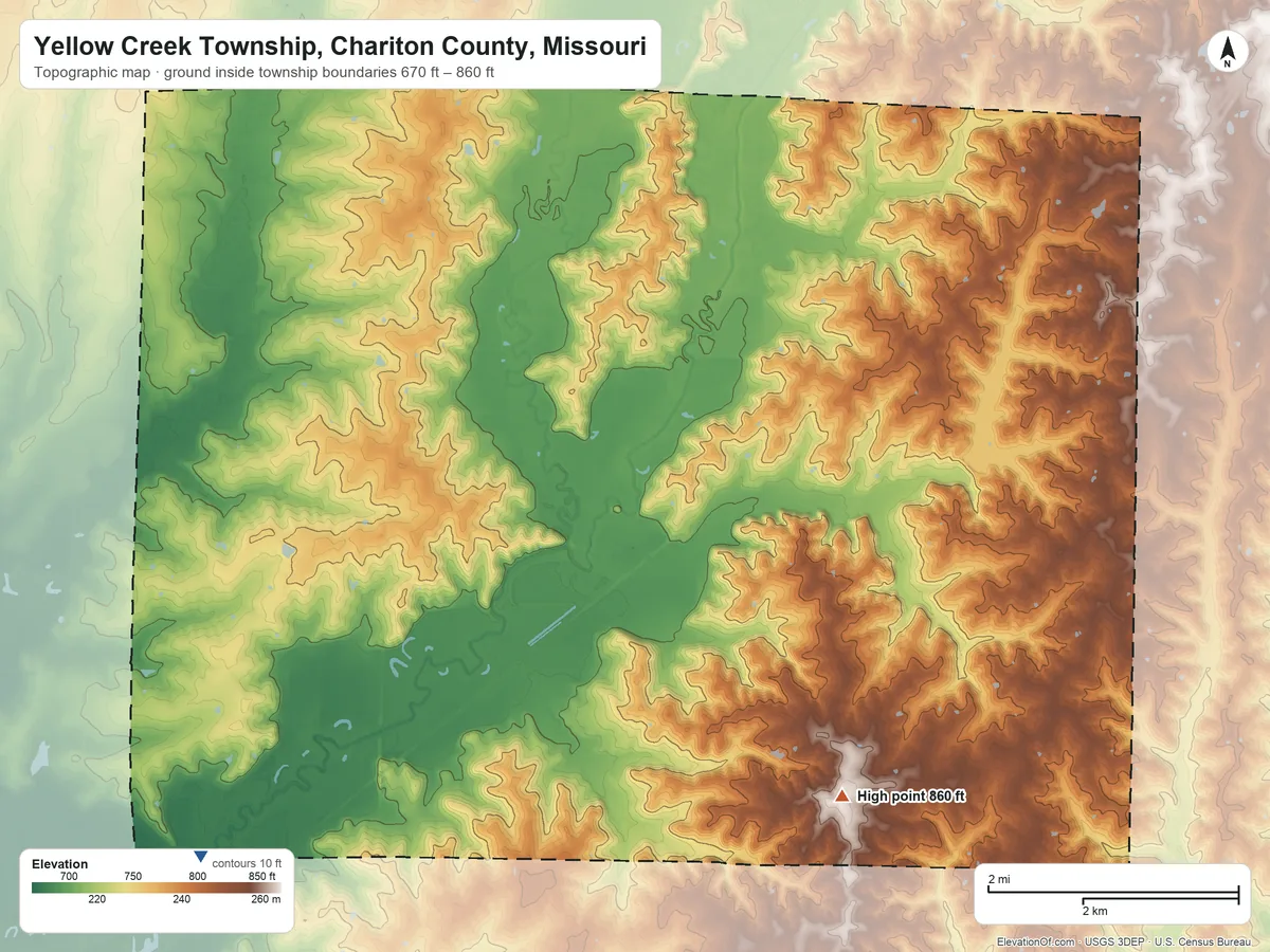 Topographic elevation map of Yellow Creek Township, Chariton County, Missouri, shaded from 670 ft on the southwest side to 860 ft on the southeast side