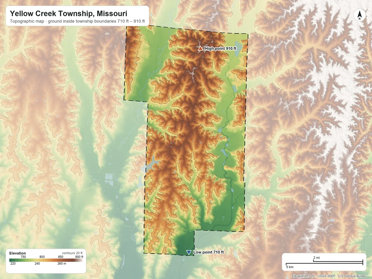 Topographic elevation map of Yellow Creek Township, Missouri, shaded from 710 ft on the south side to 910 ft on the north side