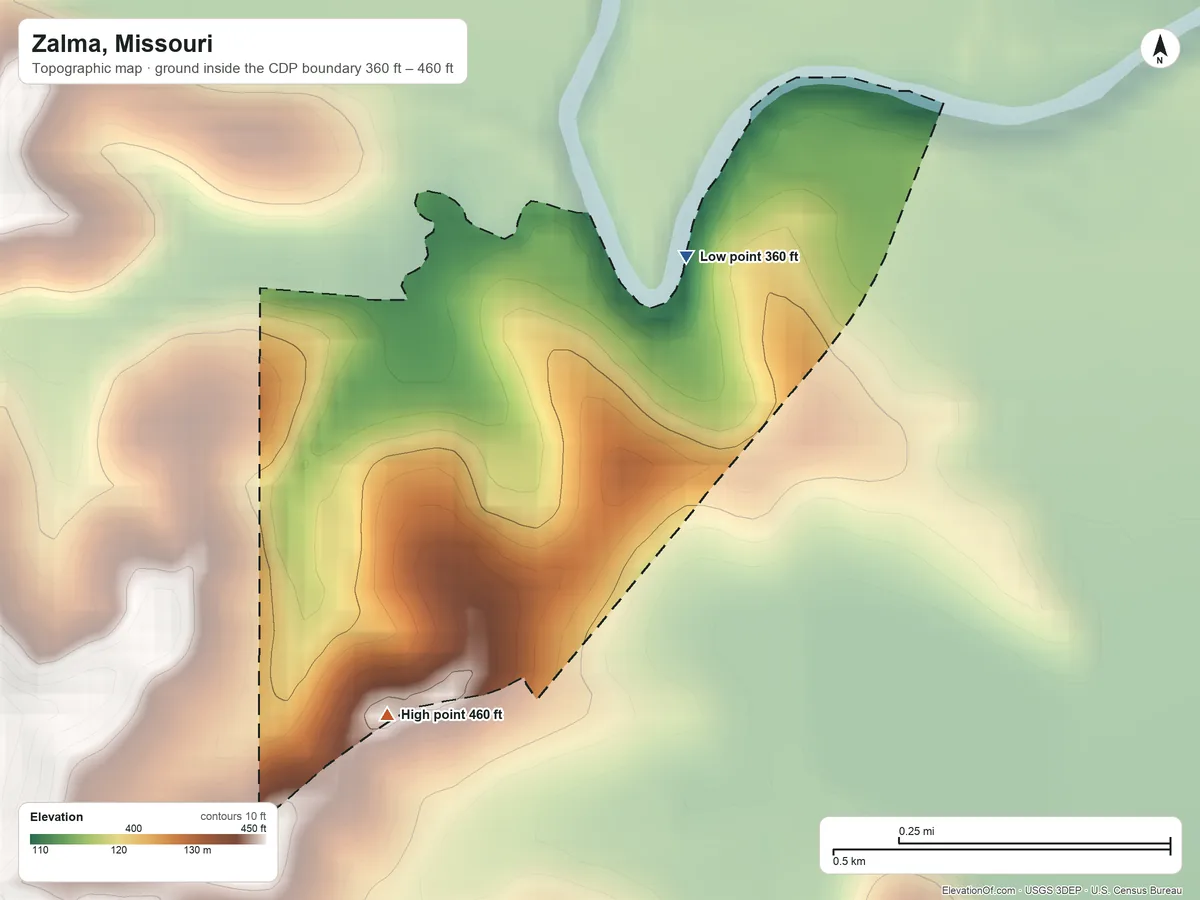 Topographic elevation map of Zalma, Missouri, shaded from 360 ft on the north side to 460 ft on the southwest side