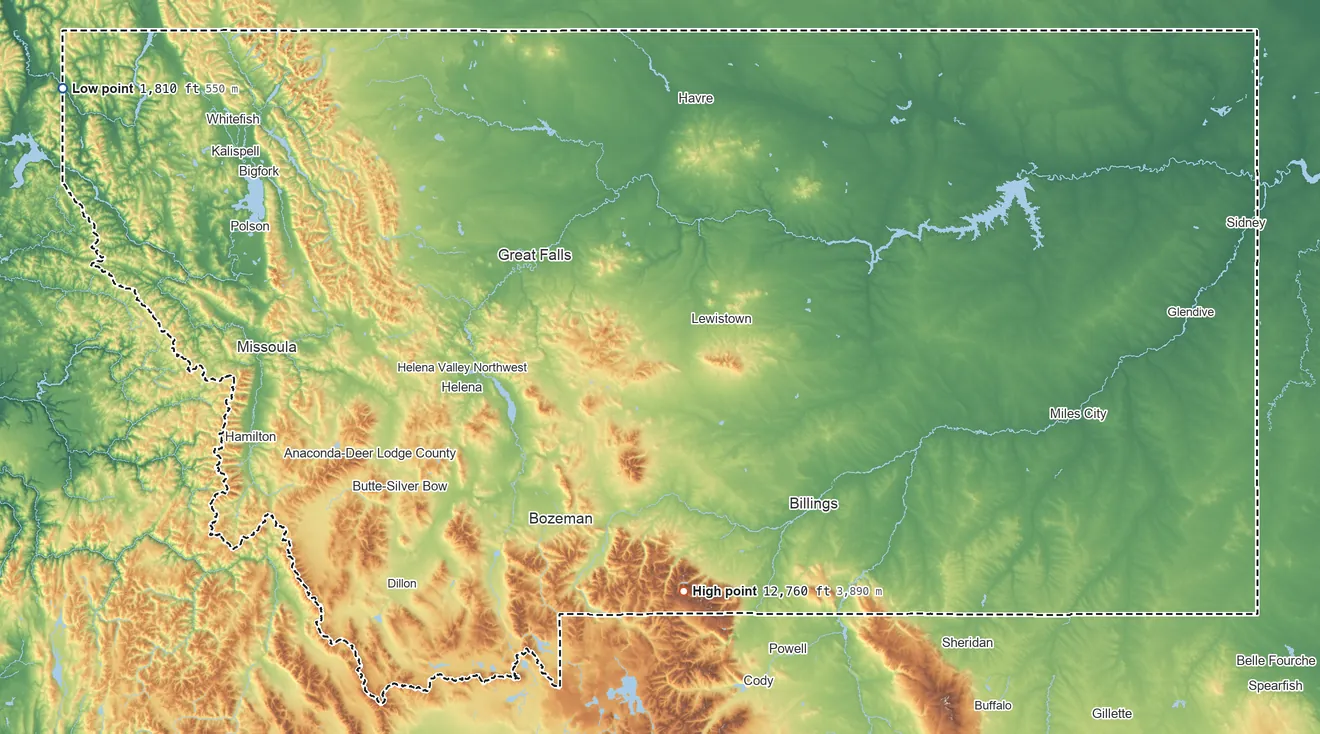 Topographic elevation map of Montana, shaded from 1,810 ft on the northwest side to 12,760 ft on Granite Peak
