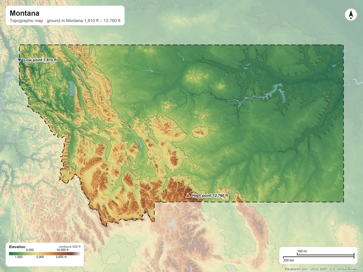 Topographic elevation map of Montana, shaded from 1,810 ft on the northwest side to 12,760 ft on Granite Peak