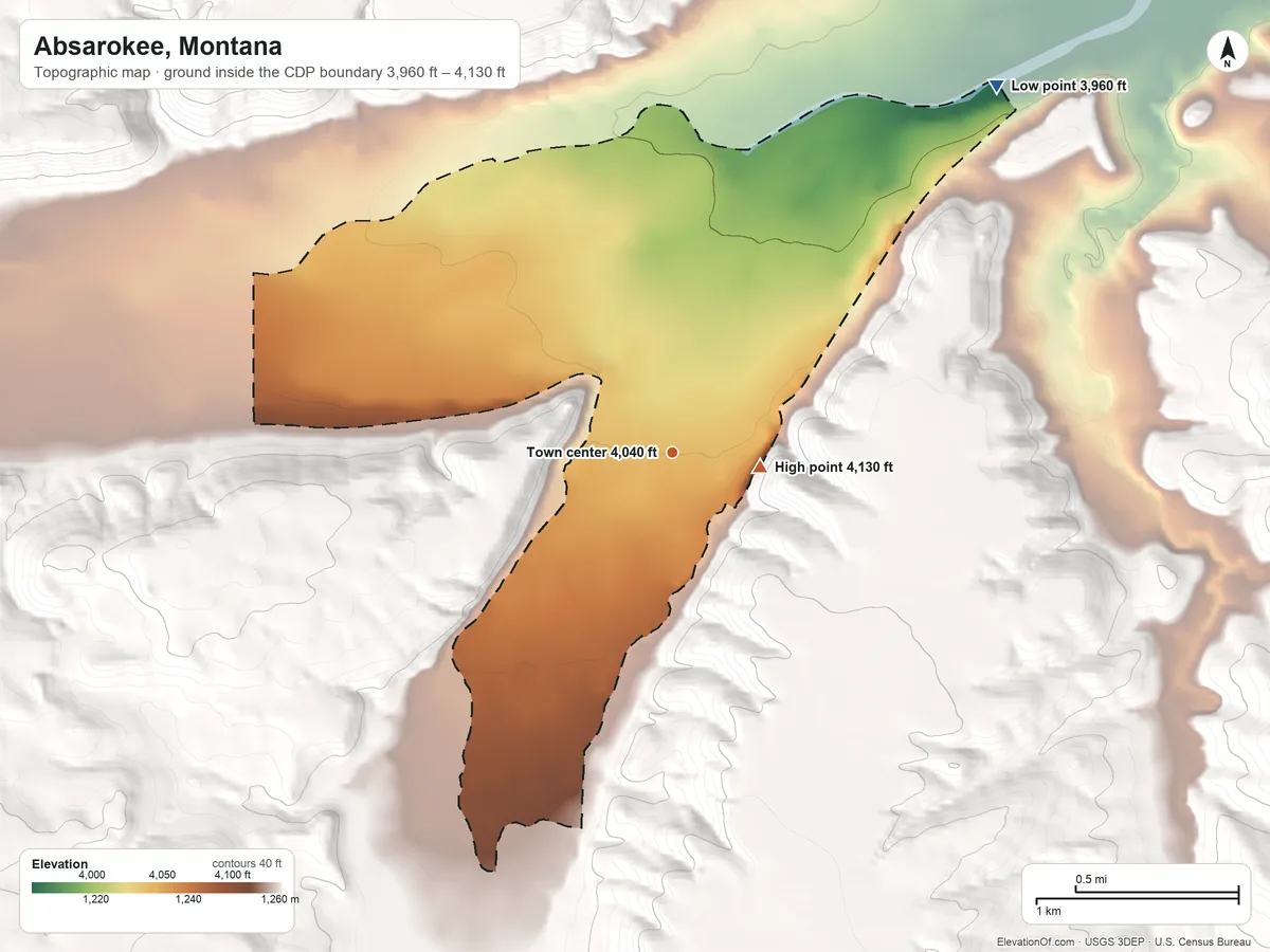 Topographic elevation map of Absarokee, Montana, shaded from 3,960 ft on the northeast side to 4,130 ft on the east edge, below higher ground just outside