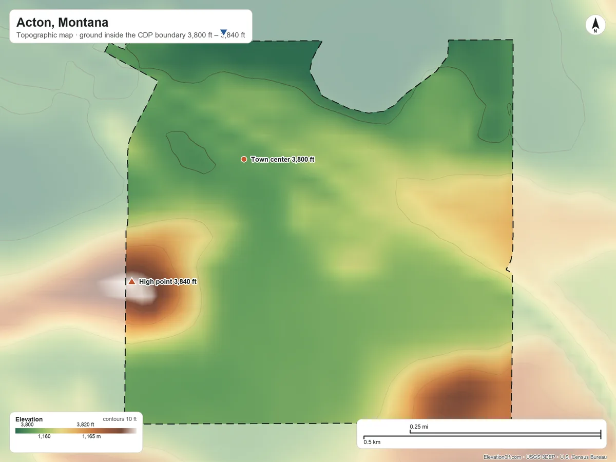 Topographic elevation map of Acton, Montana, shaded from 3,800 ft on the north side to 3,840 ft on the southwest side