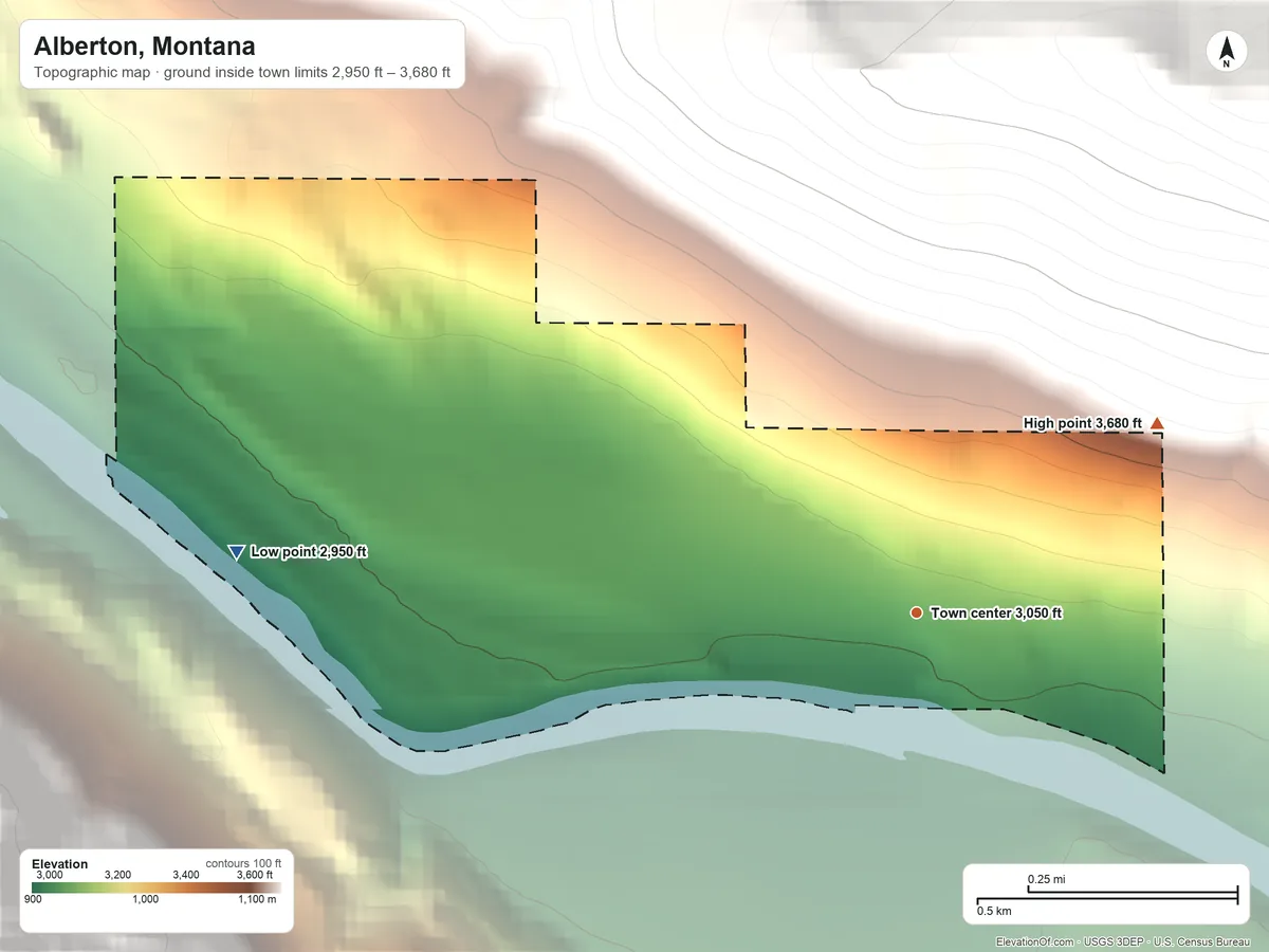 Topographic elevation map of Alberton, Montana, shaded from 2,950 ft on the west side to 3,680 ft at the foot of the Grave Creek Range
