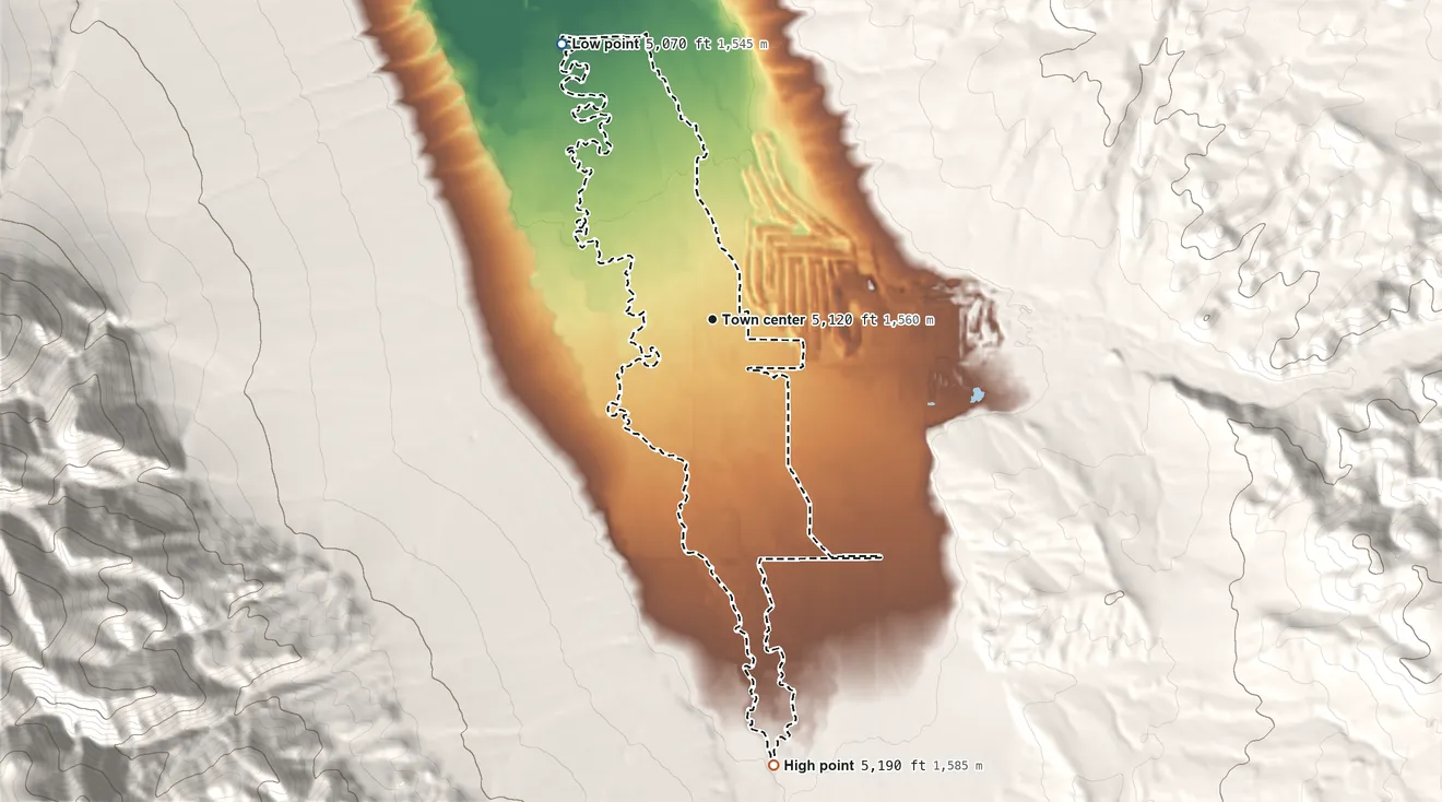 Topographic elevation map of Alder, Montana, shaded from 5,070 ft on the northwest side to 5,190 ft at the foot of the Ruby Range