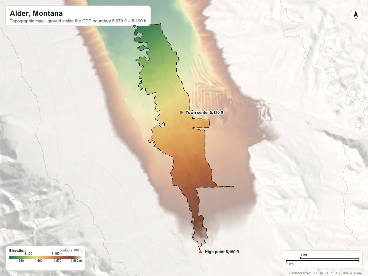 Topographic elevation map of Alder, Montana, shaded from 5,070 ft on the northwest side to 5,190 ft at the foot of the Ruby Range