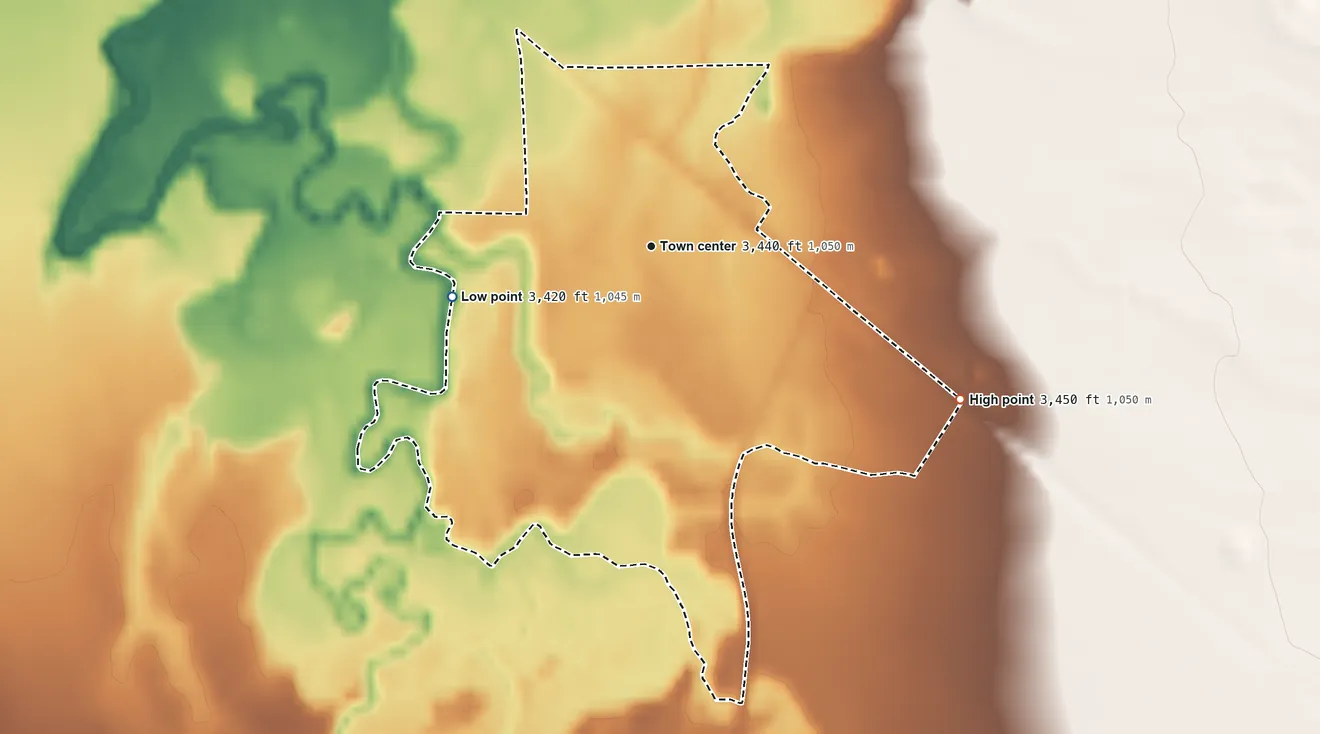 Topographic elevation map of Alzada, Montana, shaded from 3,420 ft on the west side to 3,450 ft on the southeast side