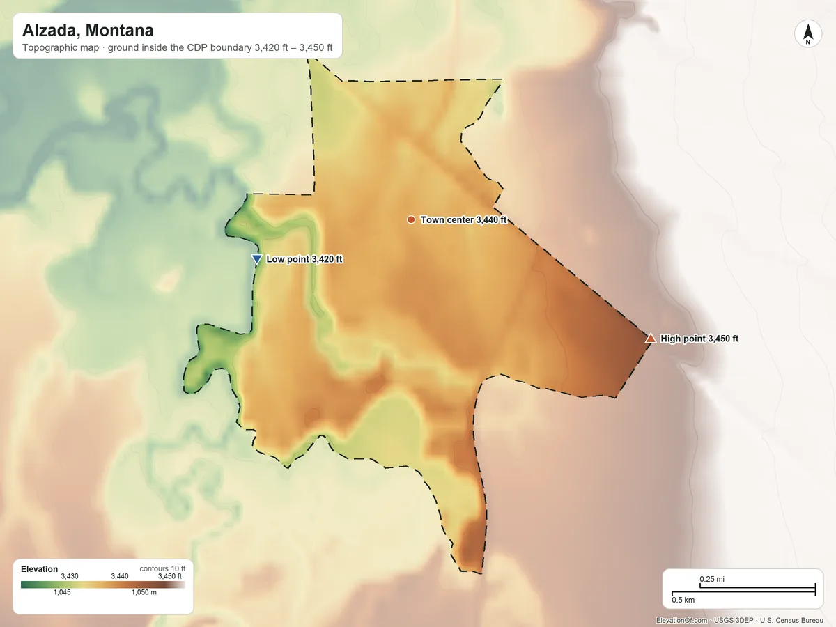Topographic elevation map of Alzada, Montana, shaded from 3,420 ft on the west side to 3,450 ft on the southeast side
