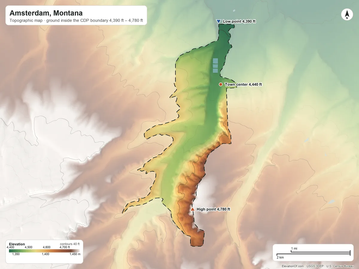 Topographic elevation map of Amsterdam, Montana, shaded from 4,390 ft on the north side to 4,780 ft on the south side