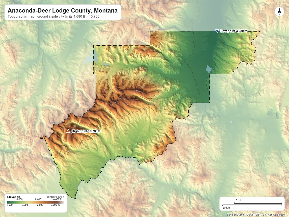 Topographic elevation map of Anaconda-Deer Lodge County, Montana, shaded from 4,680 ft on the northeast side to 10,780 ft on Saddle Mountain