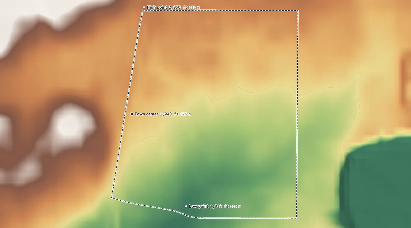 Topographic elevation map of Antelope, Montana, shaded from 2,030 ft on the southeast side to 2,050 ft on the north side