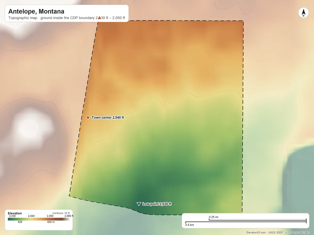 Topographic elevation map of Antelope, Montana, shaded from 2,030 ft on the southeast side to 2,050 ft on the north side