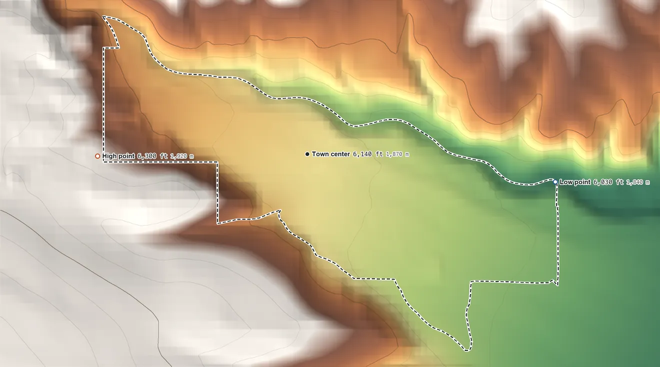 Topographic elevation map of Argenta, Montana, shaded from 6,030 ft on the east side to 6,300 ft at the foot of the Pioneer Mountains