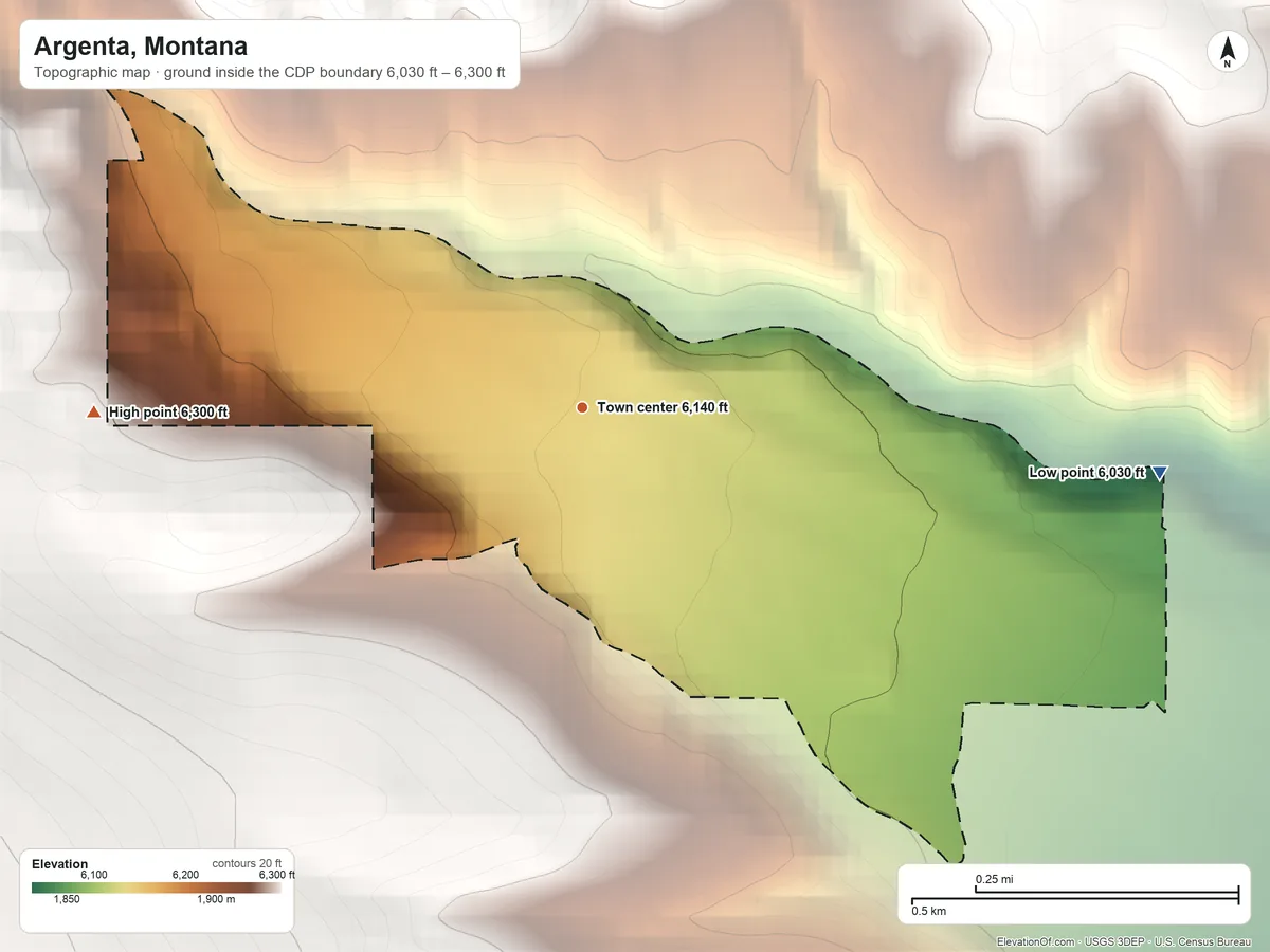Topographic elevation map of Argenta, Montana, shaded from 6,030 ft on the east side to 6,300 ft at the foot of the Pioneer Mountains