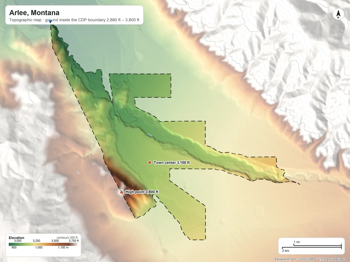 Topographic elevation map of Arlee, Montana, shaded from 2,880 ft on the northwest side to 3,800 ft on the southwest edge, below higher ground just outside