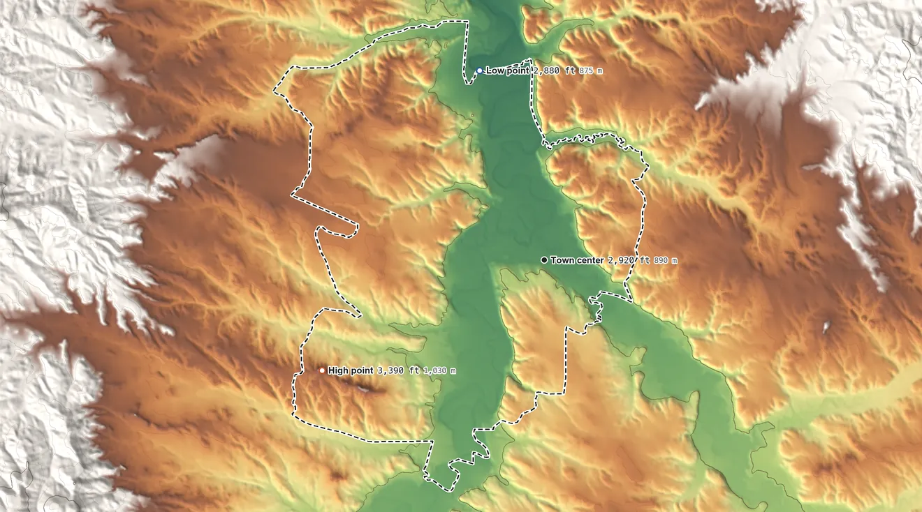 Topographic elevation map of Ashland, Montana, shaded from 2,880 ft on the north side to 3,390 ft on the southwest side