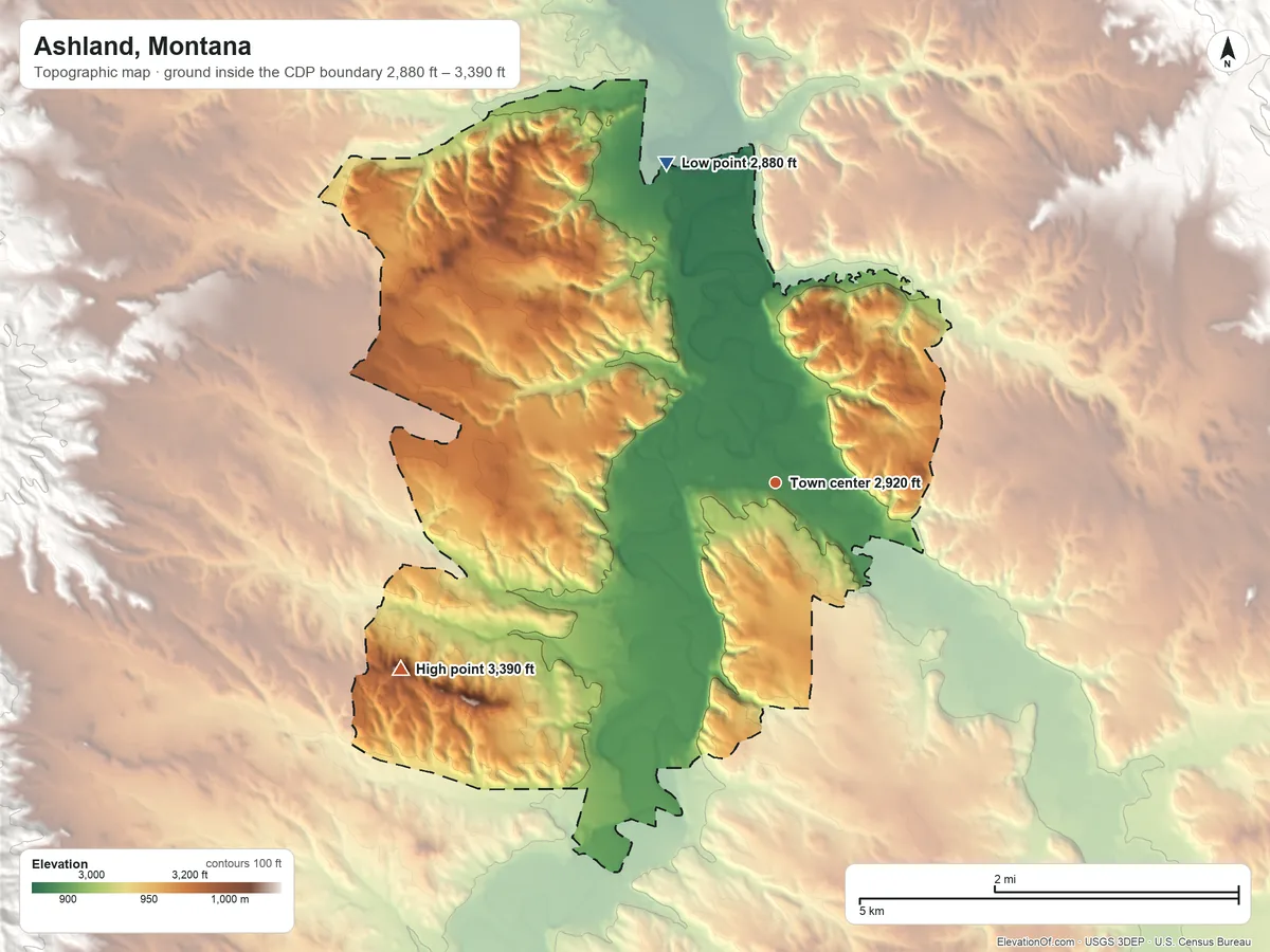 Topographic elevation map of Ashland, Montana, shaded from 2,880 ft on the north side to 3,390 ft on the southwest side