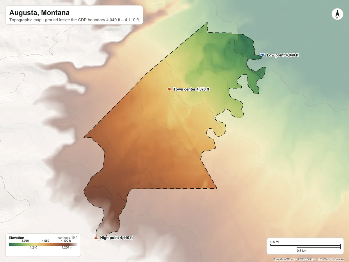 Topographic elevation map of Augusta, Montana, shaded from 4,040 ft on the east side to 4,110 ft on the southwest side